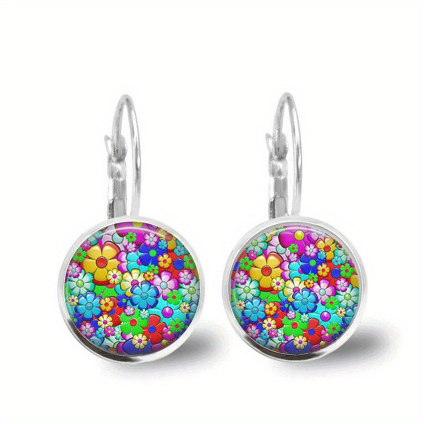 Vintage round sunflower pattern pendant earrings, simple retro style silver-plated jewelry, fashionable women's gifts