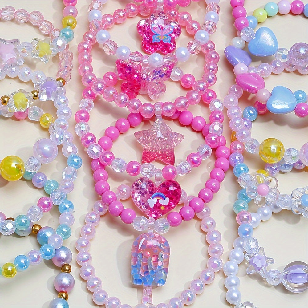 18-Piece Girl Charm Bracelet Set with Cute Butterflies, Flowers and Heart Pendants - Colored Bead Bracelet for Parties and Birthdays
