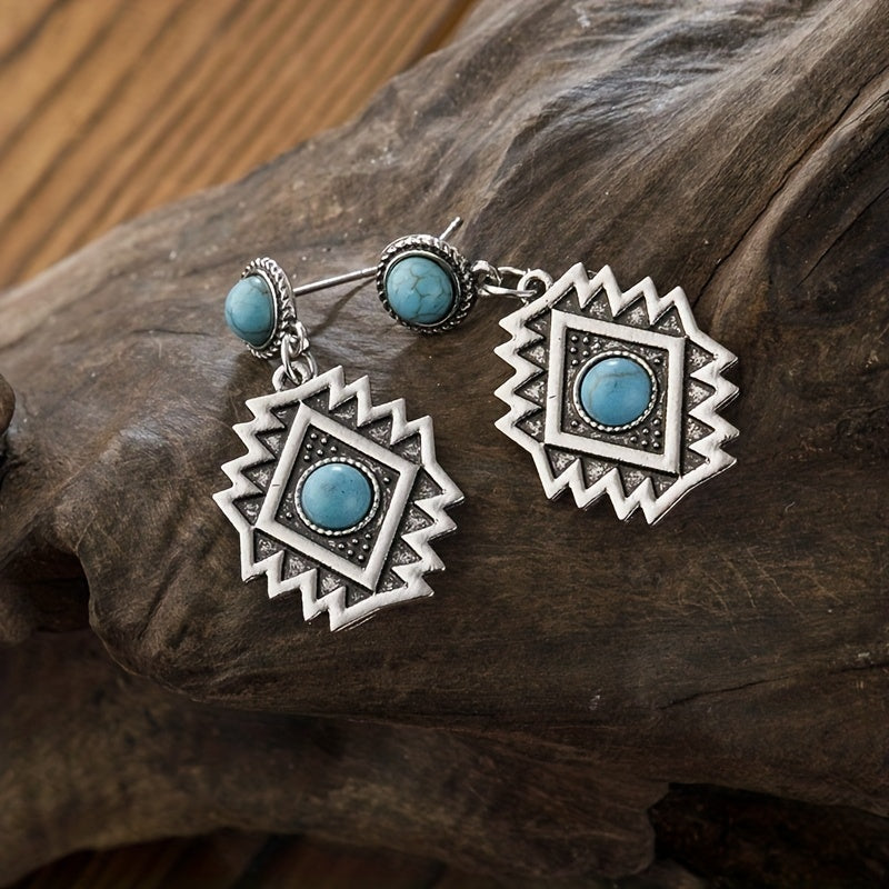Retro engraved geometric shape with round turquoise inlaid pendant earrings, retro ethnic style alloy jewelry, exquisite Women's gift