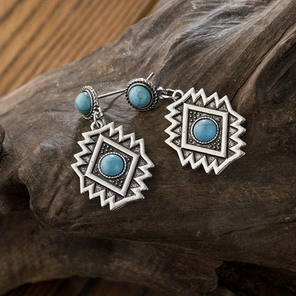 Retro engraved geometric shape with round turquoise inlaid pendant earrings, retro ethnic style alloy jewelry, exquisite Women's gift