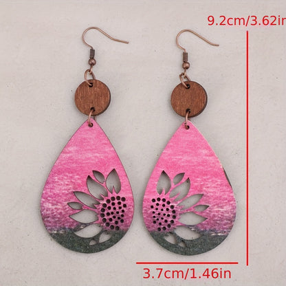 Sunflower print drop earrings Vintage Western wooden jewelry Holiday earrings