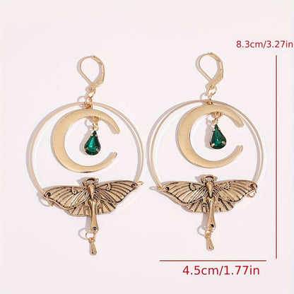 A pair of vintage crescent stud earrings with a green resin moth pendant, zinc alloy, and iron pillars for everyday wear jewelry in all seasons