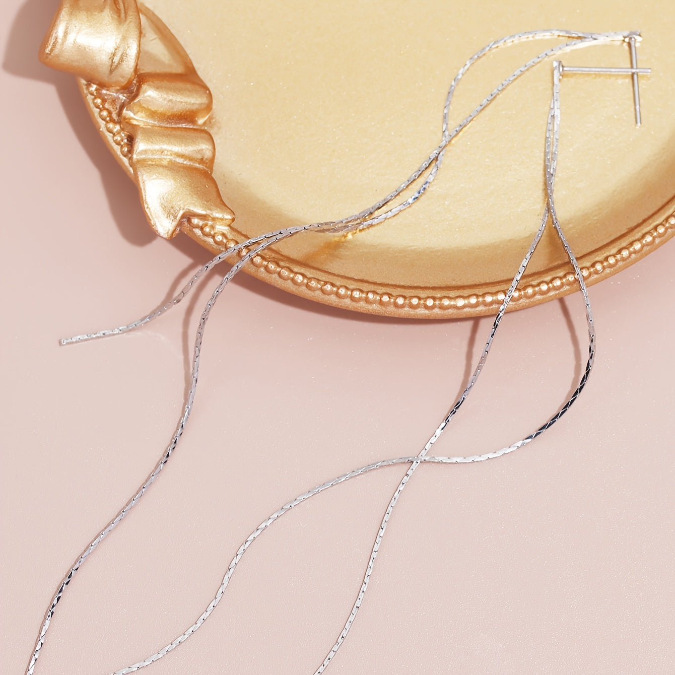 Sparkling long chain pendant earrings, elegant and minimalist copper jewelry, stylish holiday earrings