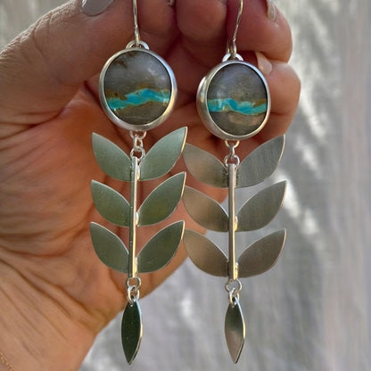 Retro ethnic style creative leaf fringed turquoise design pendant earrings zinc alloy silver plated women's jewelry