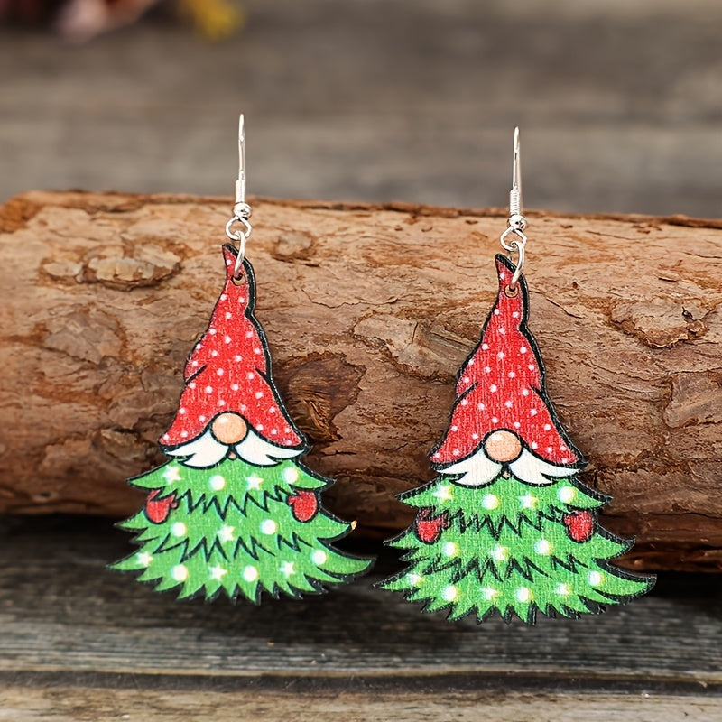 Creative Christmas Tree Design Santa Pattern Pendant Earrings Vintage Party Style Wooden Jewelry Cute Christmas Earrings