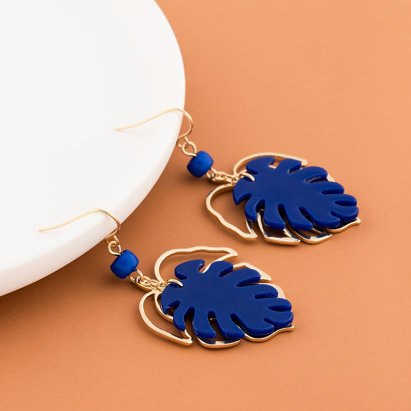 Bohemian Blue Leaf Pendant Earrings - Gold Alloy with Bold Blue Leaves and Light Blue Beads, Perfect for Casual Clothing or Holiday Accessories, Four Seasons Jewelry | Natural Style Design | Light Blue Embellishment, Bohemian Earrings