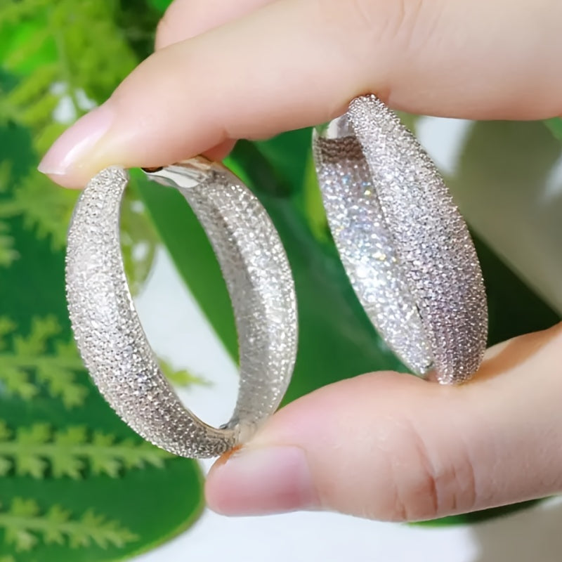 Women's Luxury Glitter Hoop Earrings, Synthetic Zirconia Paving, Large Hoop Earrings, Nickel Plated Copper Free, April Birthstone, Suitable for Wedding and Party Jewelry, Pair