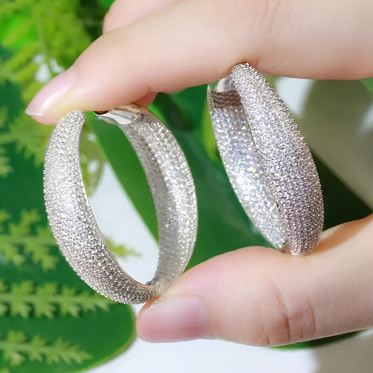 Women's Luxury Glitter Hoop Earrings, Synthetic Zirconia Paving, Large Hoop Earrings, Nickel Plated Copper Free, April Birthstone, Suitable for Wedding and Party Jewelry, Pair