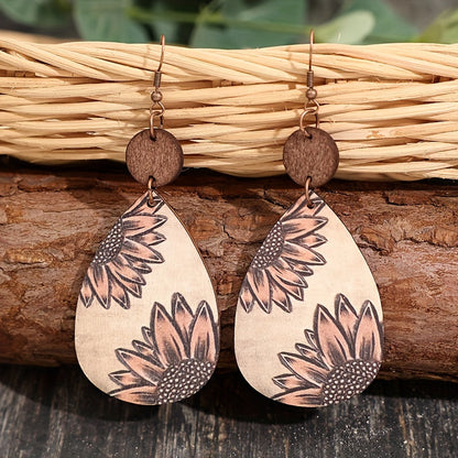 Droplet Sunflower Print Pendant Earrings Vintage Bohemian Wooden Jewelry Fashion Women's Earrings