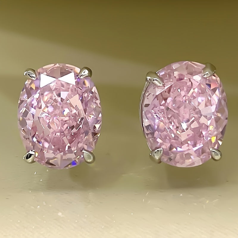 1 pair of simple oval design stud earrings, inlaid with cubic zirconia elegant luxury style women's daily party earrings