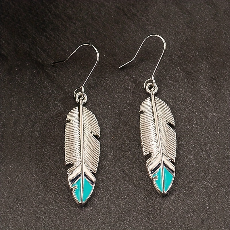 Antique Feather Leaf Design Pendant Earrings, Vintage Bohemian Zinc Jewelry, Holiday Earrings