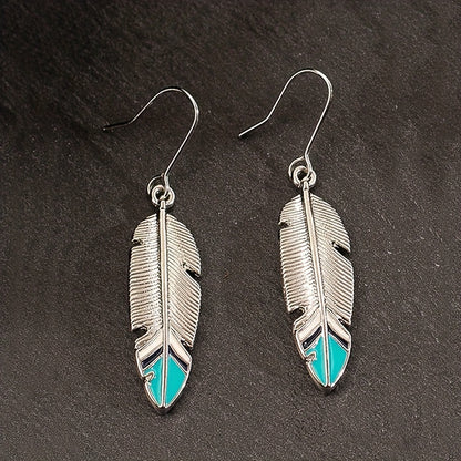 Antique Feather Leaf Design Pendant Earrings, Vintage Bohemian Zinc Jewelry, Holiday Earrings