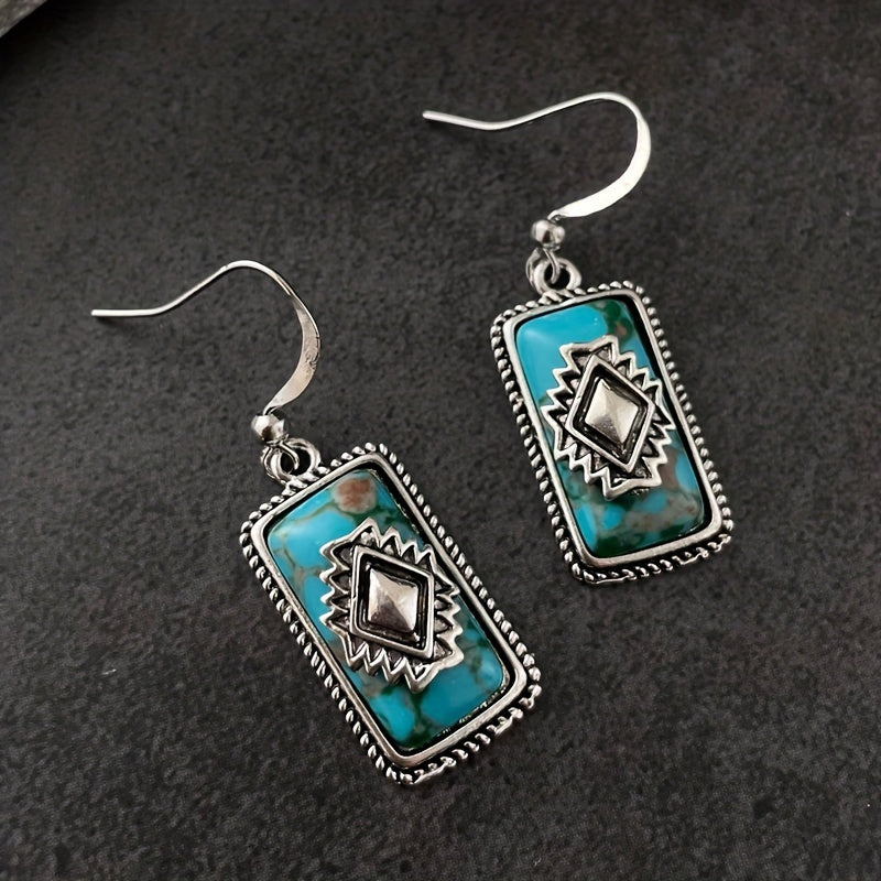 Square Turquoise Pendant Earrings Vintage Bohemian Ethnic Temperament Zinc Alloy Synthetic Gemstone 925 Silver Plated Material Party Engagement Female Gift