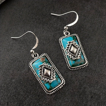 Square Turquoise Pendant Earrings Vintage Bohemian Ethnic Temperament Zinc Alloy Synthetic Gemstone 925 Silver Plated Material Party Engagement Female Gift