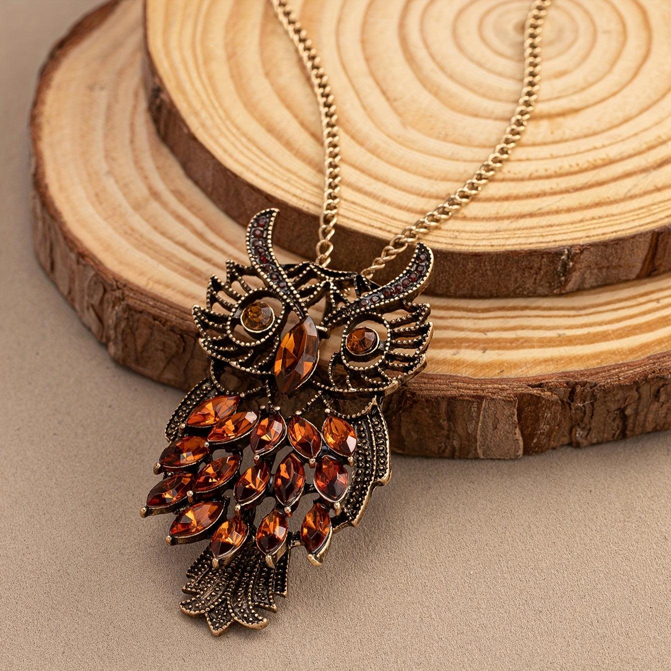Bohemian Elegant Vintage Owl Pendant Necklace with Amber Gemstone - Bohemian, Gold Zinc Alloy for Everyday Wear and Vacation
