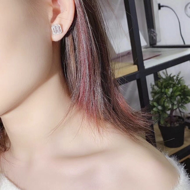Silver Plated Geometric Square Crystal Stud Earrings Bridal Wedding Engagement Ladies Jewelry