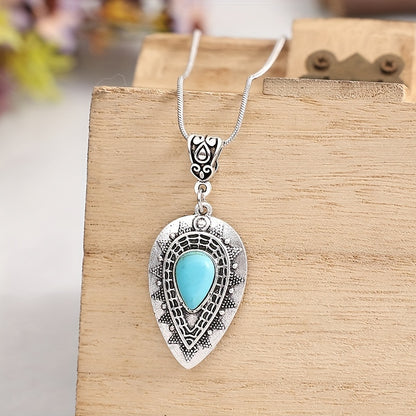 Classical engraved drop-shaped turquoise pendant, bohemian turquoise necklace