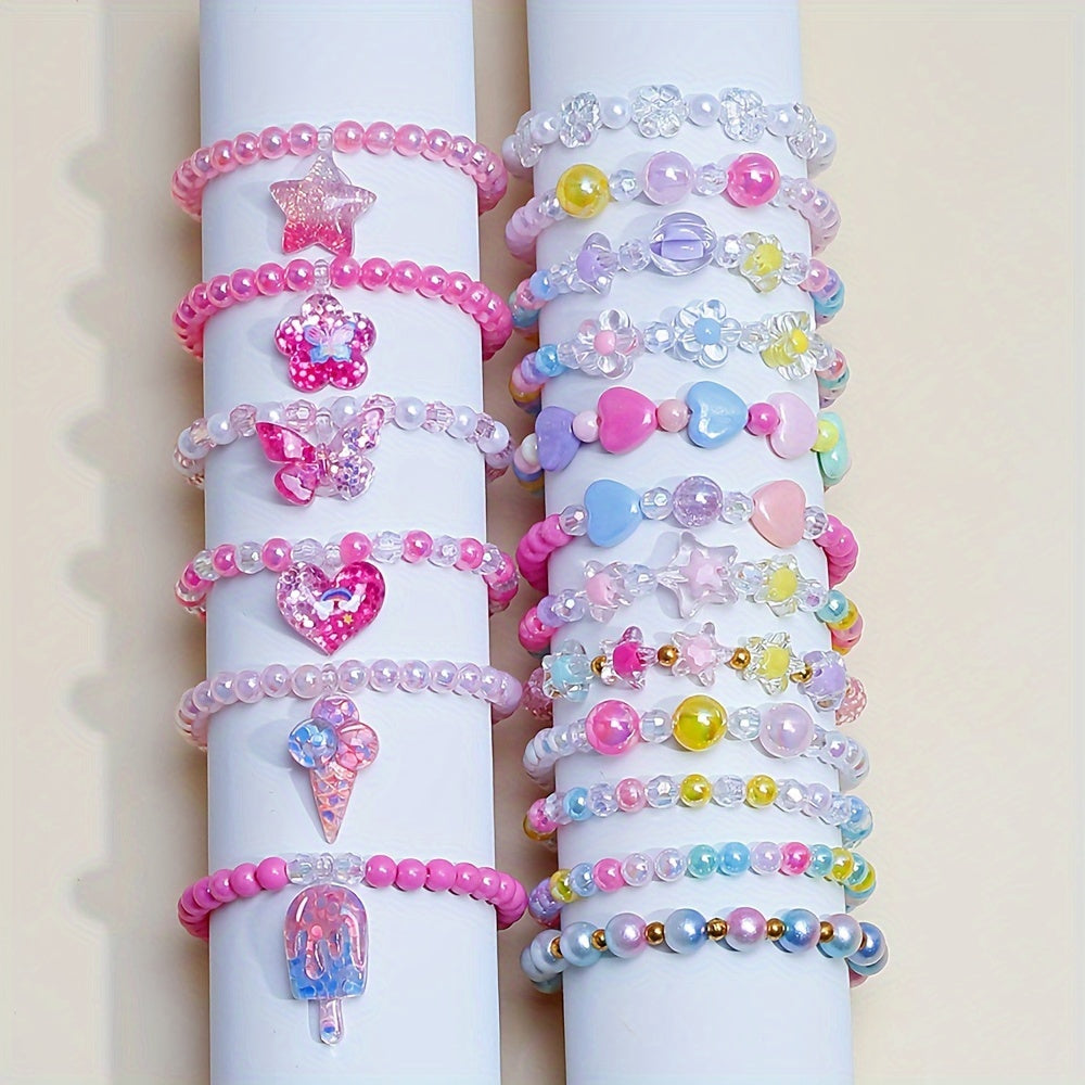18-Piece Girl Charm Bracelet Set with Cute Butterflies, Flowers and Heart Pendants - Colored Bead Bracelet for Parties and Birthdays