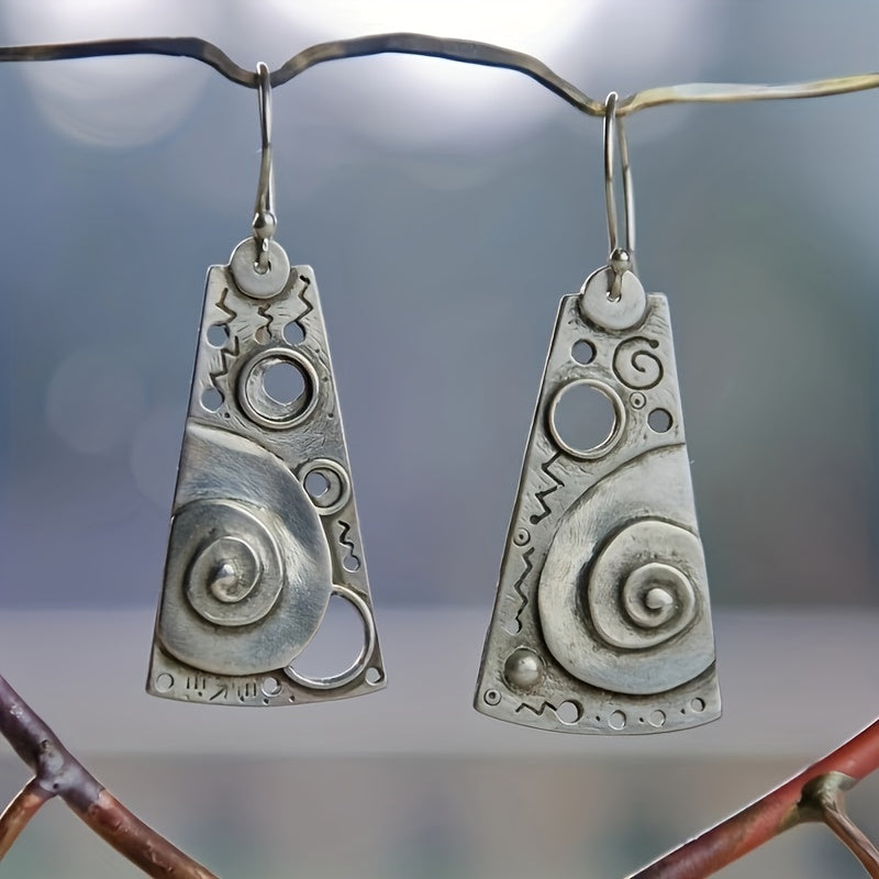 Silver Vintage Geometric Engraved Spiral Pattern Pendant Earrings Elegant Ethnic Style Silver Plated Jewelry Exquisite Women's Gifts
