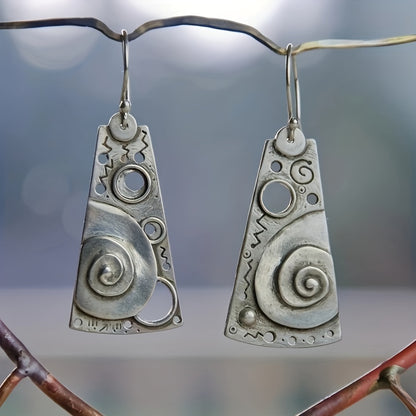 Silver Vintage Geometric Engraved Spiral Pattern Pendant Earrings Elegant Ethnic Style Silver Plated Jewelry Exquisite Women's Gifts