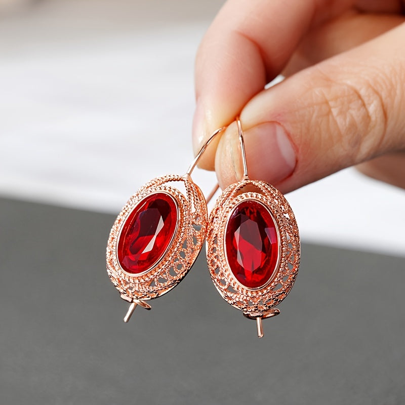1 pair of retro luxury hollow design synthetic gem ring earrings, Women's January birthday stone, copper plated without nickel, suitable for parties, banquets, weddings, anniversary gifts, wedding jewelry | luxury earrings | meticulous craftsmanship