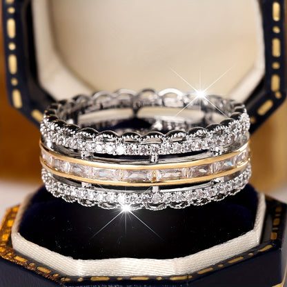 Multi-layer unplated Bohemian timeless ring set, sparkling cut synthetic cubic Zirconia, copper base, perfect gift for her, sparkling accessories for Casual Attire and parties