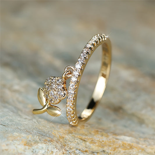 Cute 18k Gold Plated Ring With A Flower Pendant Inlaid Zirconia Engagement Wedding Ring For Female Party Accessory