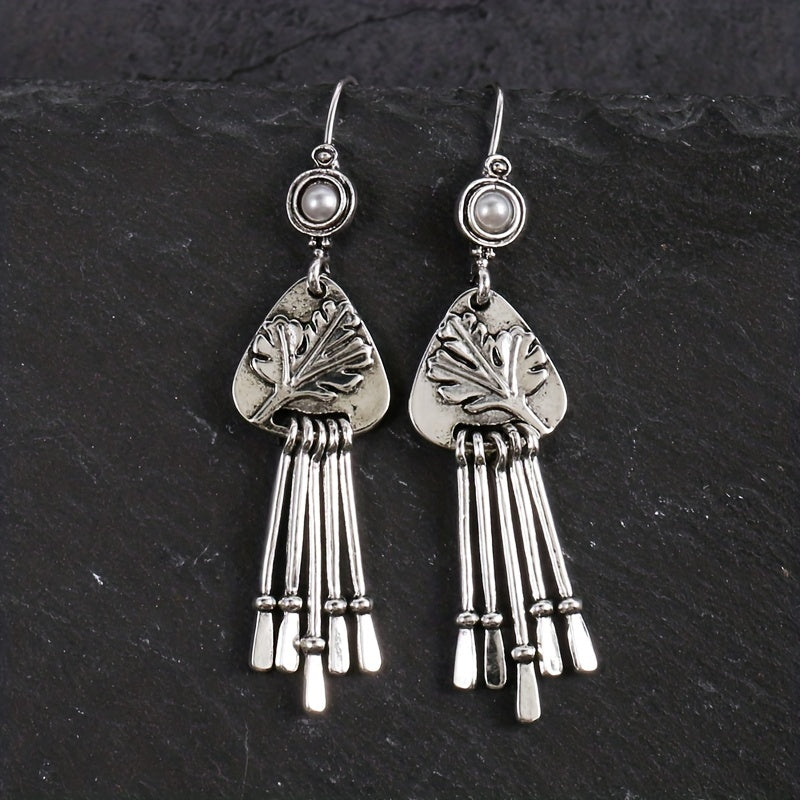 Antique Silver Pendant Earrings, Ladies Creative Bohemian Carved Leaves Cocktail Party Antique Earrings Jewelry