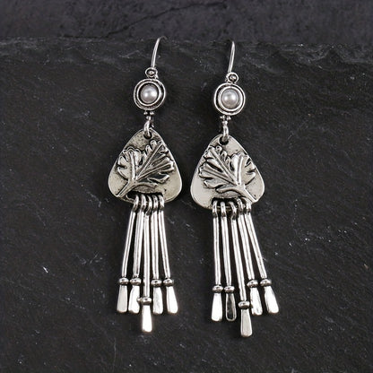 Antique Silver Pendant Earrings, Ladies Creative Bohemian Carved Leaves Cocktail Party Antique Earrings Jewelry
