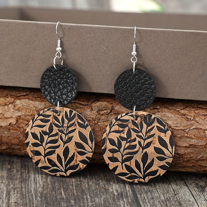Cross-border new retro brown disc printing black leaf splicing black PU leather earrings