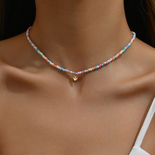 1pc Heart-shaped Pendant Necklace, Handmade Bohemian Beaded Collar for Music Festivals and Vacation Accessories, Versatile Jewelry for All Seasons - 1 Piece