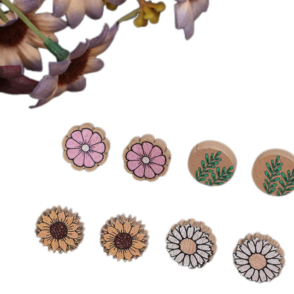 Four pairs of rustic wooden stud earrings, pastoral spring flower design, suitable for ladies' vacation and rustic jewelry accessories