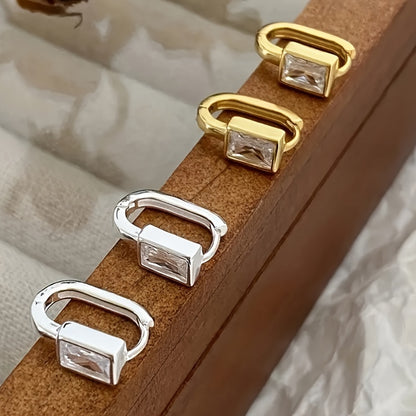Small square zircon inlaid ring earrings, elegant casual style, suitable for women's daily leisure