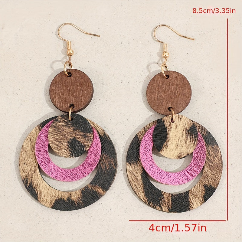 Ladies' fashion accessories, classic multi-layered leopard print hollow PU leather pendant earrings, iron ear hooks, unplated - versatile fashion accessories for Casual Attire