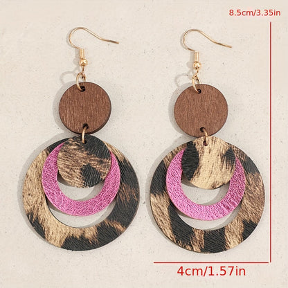 Ladies' fashion accessories, classic multi-layered leopard print hollow PU leather pendant earrings, iron ear hooks, unplated - versatile fashion accessories for Casual Attire