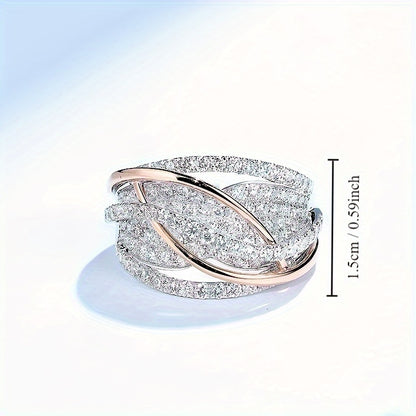 Gothic two-tone ring, silver rhinestone, multi-layer interwoven design, April stone, copper, ladies, wedding, casual, party jewelry, Valentine's Day gifts, suitable for all seasons