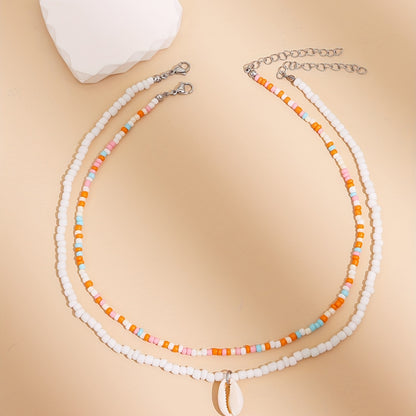 Ladies Summer Vacation Bead Layered Necklace, Bohemian Shell Pendant