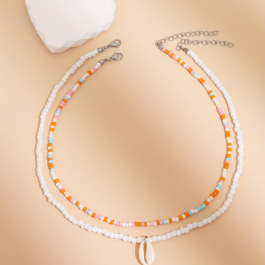 Ladies Summer Vacation Bead Layered Necklace, Bohemian Shell Pendant