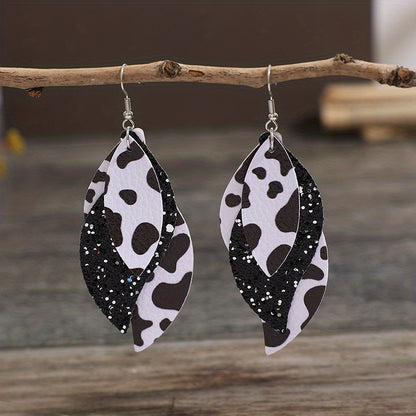 Bohemian Cow Print Triple S Earrings - Black and White Dairy Pattern, Sequin Embellishment, PU Leather Ladies Fashion Jewelry, Casual Wear, Bohemian Earrings