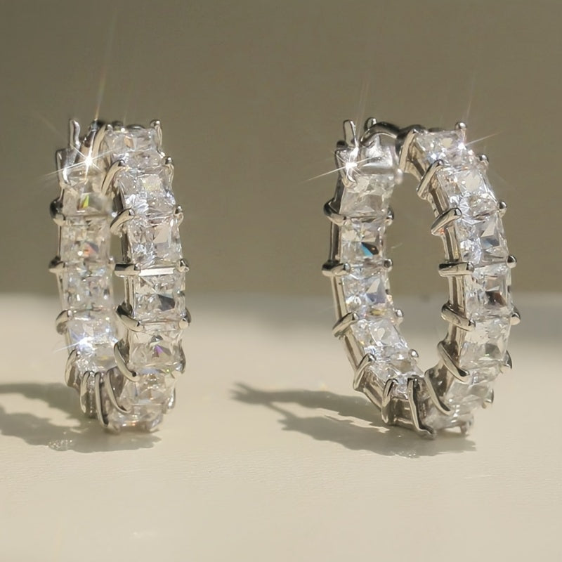 Sparkling Circle Earrings, Copper Jewelry, Square Zirconia Decoration, Fashion Luxury Style, Ladies Party Date Earrings