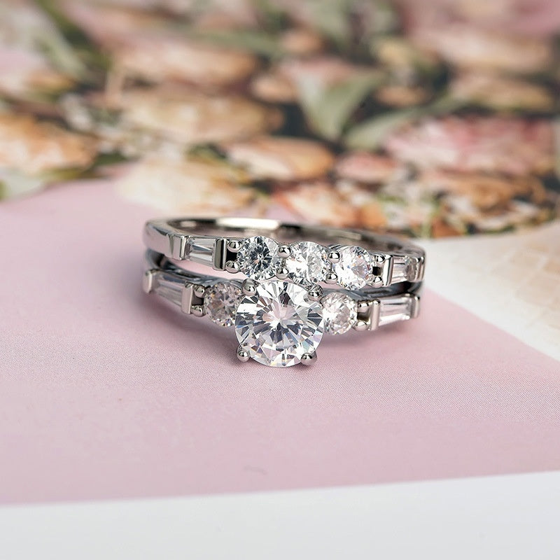 Round Cut Square Crystal Zircon Claw Set with 925 Silver Plated 2-Piece Women's Wedding Ring Set