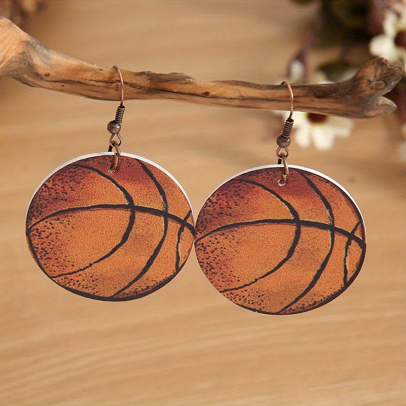 Vintage imitation old baseball basketball football volleyball printed PU leather earrings, cute retro style, iron pillar, four seasons daily wear accessories, sports design, red stitching and white PU leather texture