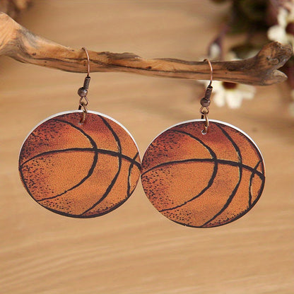 Vintage imitation old baseball basketball football volleyball printed PU leather earrings, cute retro style, iron pillar, four seasons daily wear accessories, sports design, red stitching and white PU leather texture