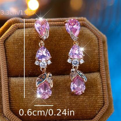 Pink sparkling Zirconia long fringed earrings, elegant luxury style, copper jewelry banquet wedding accessories