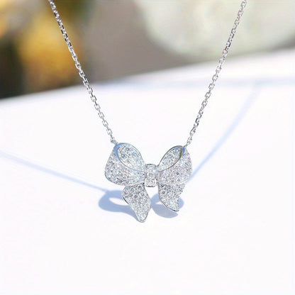 925 Silver Plated Elegant Bow Zircon Pendant Necklace Women's, Simple Elegant Engagement Clavicle Necklace, Wedding Anniversary Jewelry Accessories