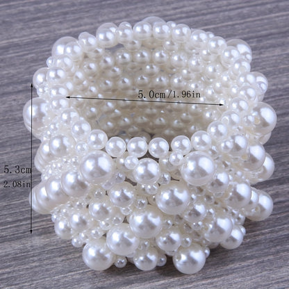 A white fake pearl beaded wide bracelet, elegant temperament, elastic and retractable bracelet