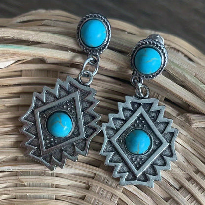 Retro engraved geometric shape with round turquoise inlaid pendant earrings, retro ethnic style alloy jewelry, exquisite Women's gift