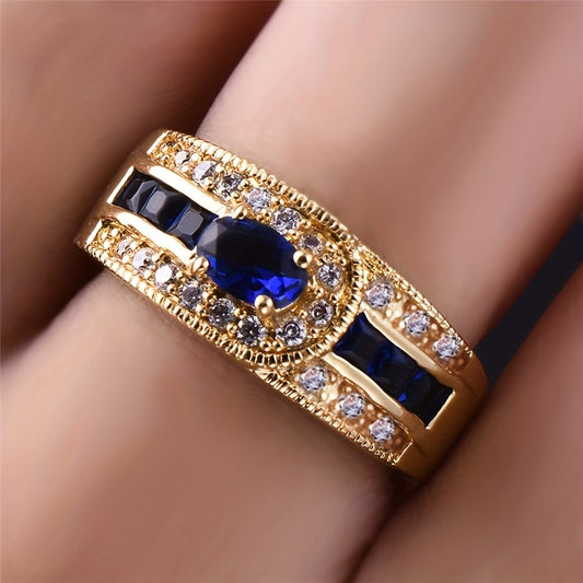 Elegant Gold Plated Ring with Blue and Clear Cubic Zirconia - Luxury Oval Gemstone Engagement Ring, Ideal for Valentine's Day Gifts, Valentine's Jewelry