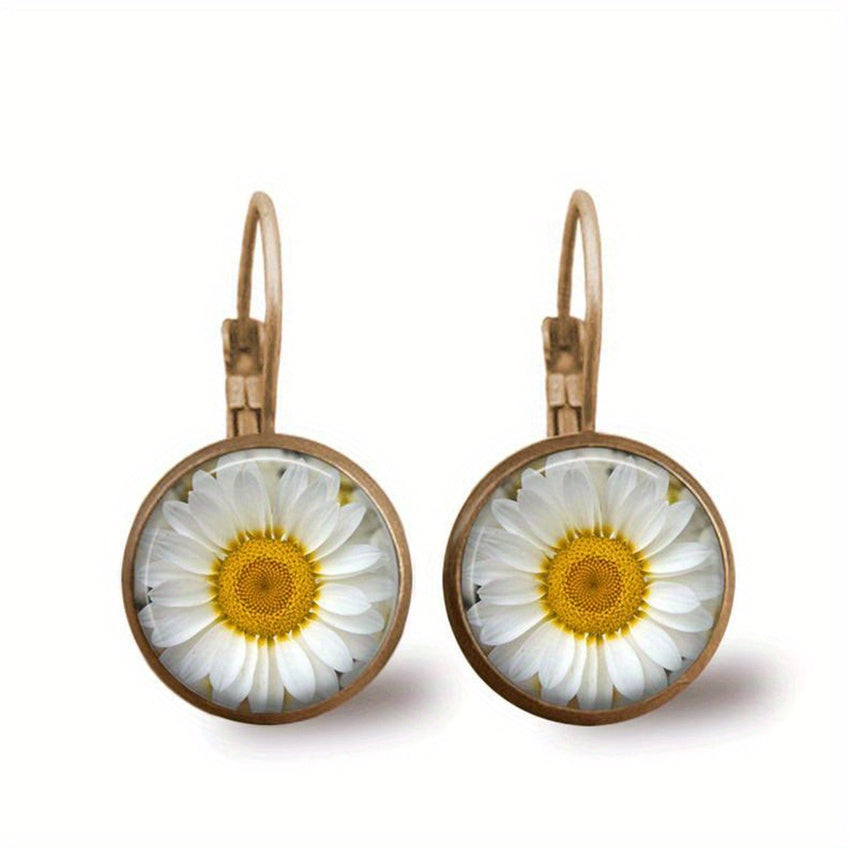 Vintage round sunflower pattern pendant earrings, simple retro style silver-plated jewelry, fashionable women's gifts
