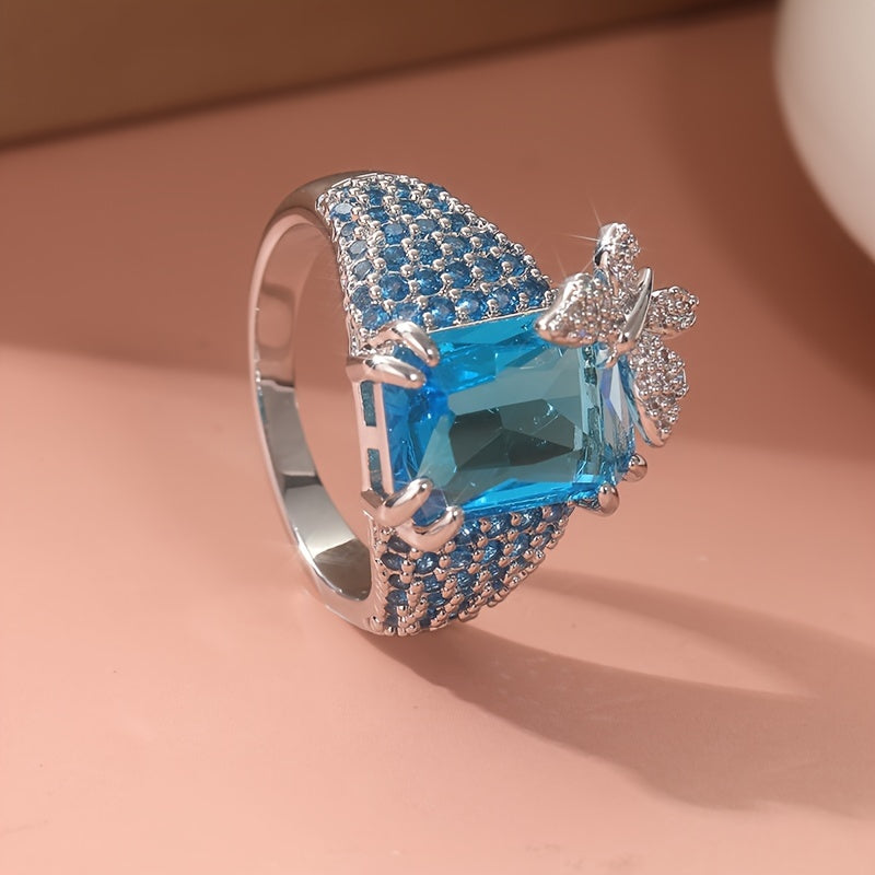 Luxury Blue Topaz Butterfly Cocktail Ring, Gemstone Retro Ring, Big Butterfly Inspiration Ring, Women's Party Wear Ring